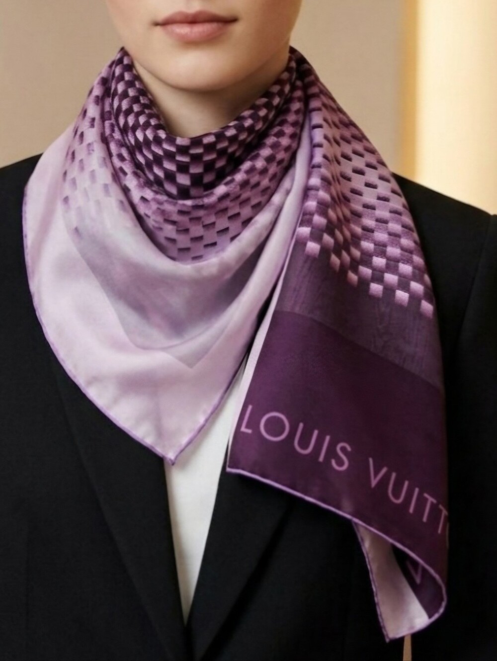 Louis Vuitton Purple Damier Checkerboard Geometric Silk Scarf